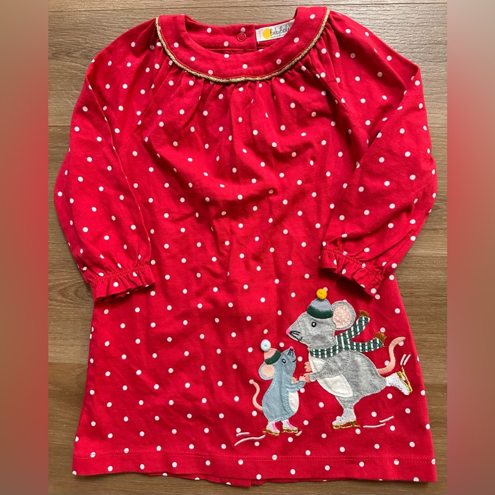 NWT. Mini Boden Rose Petal Red Mice Ice Skating Dress, Size 12-18M